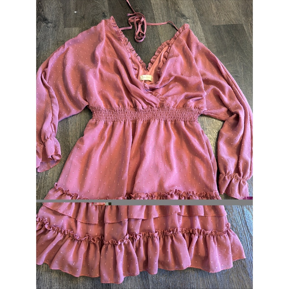 Altar'd State Ruffled Wrap V-Neck Long Sleeve Dress in Mauve Size Large